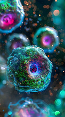 Wall Mural - Colorful Microscopic Stem Cell Division in Digital Style with Futuristic Bioinformatics Code Background