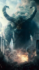 Wall Mural - Colossal Otherworldly Monster Decimates Modern Metropolis in Cinematic Dystopian Spectacle