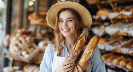 Canvas Print - Happy young woman with baguette in hands near bakery