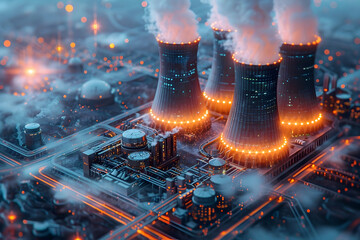 Canvas Print - Cybersecurity Safeguarding Nuclear Power Plants from Digital Threats through 3D Watercolor Visualization