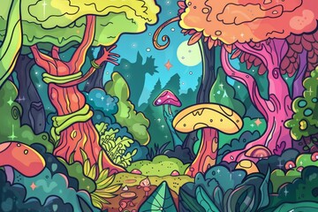 Cartoon cute doodles of an enchanted forest alive with magical creatures, hidden pathways, and ancient trees towering into the sky, Generative AI