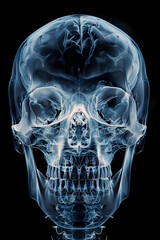 Wall Mural - Detailed X-Ray Visualization of Human Skull Structure and Teeth in Soft Blue Hues on Black Background