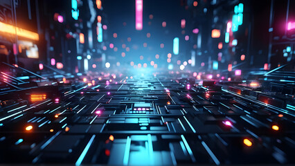 a dark illustration of a technical system with colorful lines connecting different flow states