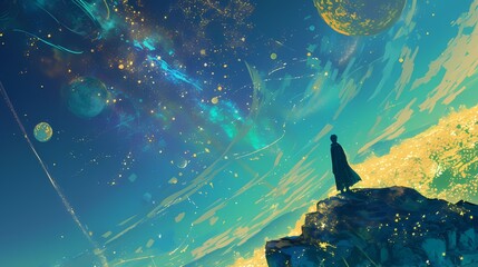 Digital technology universe planet character scene poster background