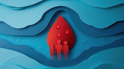 Wall Mural - Illustrating the family paper cutout featuring a blood drop symbol set against a vibrant blue backdrop symbolizes the importance of family health insurance and significant global health eve