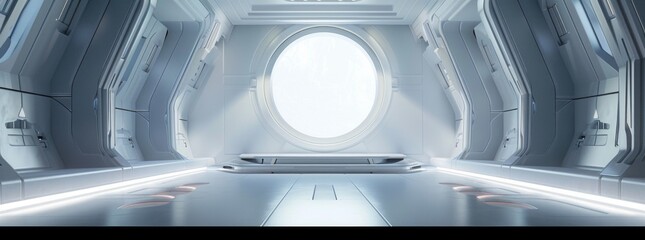 Poster - 3d render of futuristic white empty podium stage in scifi space station interior with light from the window