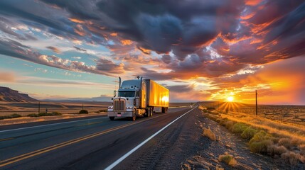 Wall Mural - trucker leaving down a long road into sunset 