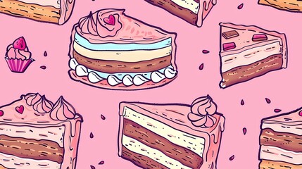 Wall Mural - A colorful pattern of assorted illustrated cake slices on a pink background