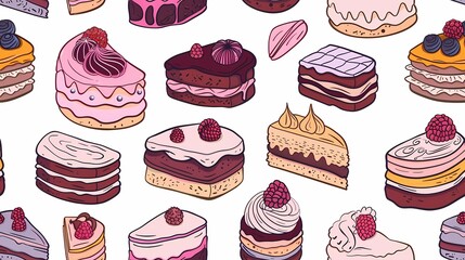 Wall Mural - A delightful assortment of colorful illustrated cakes and pastries