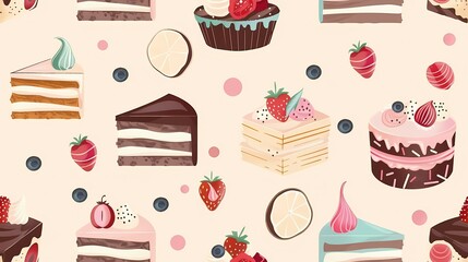Wall Mural - A delightful pattern of assorted desserts and fruits