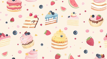 A sweet pattern of assorted desserts and fruits