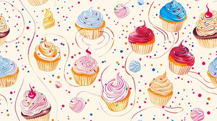 Wall Mural - A vibrant pattern of whimsical cupcakes and sweets