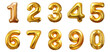 © PNG Grapix - Gold balloons, alphabet letters and numbers. 3d vector realistic symbols. Festive decorations set, Golden Number Balloons 0 to 9. Foil and latex balloons. Helium balloons for anniversary and wedding
