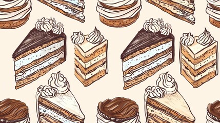 Wall Mural - A delightful pattern of various hand drawn cake slices