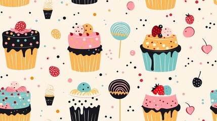 A playful array of illustrated sweets and treats on a light background
