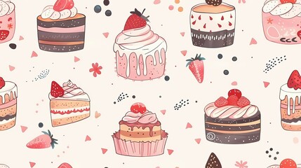 A sweet array of illustrated cakes and strawberries