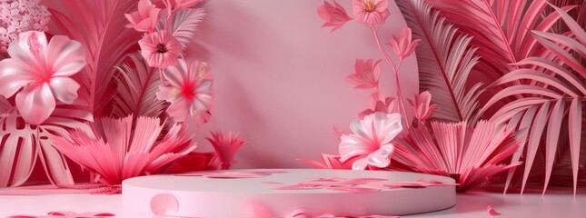 3D render, abstract background with colorful tropical flowers and leaves around an empty podium stand on a pink wall. Mock up