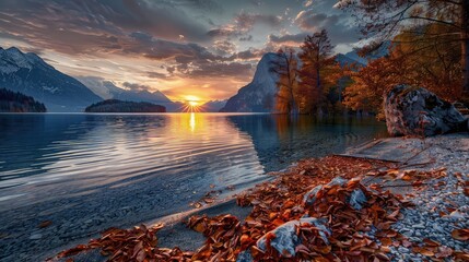 Wall Mural - beautiful autumn landscape with rocks and autumn trees and lake 