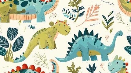 Wall Mural - Cheerful dinosaur illustrations in a playful colorful jungle setting