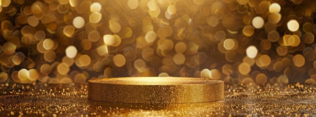 Poster - Gold podium on glitter background with golden light effect. Mockup for product presentation, luxury gold award pedestal mock up