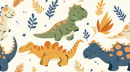 Wall Mural - Colorful cartoon dinosaurs frolicking among leaves