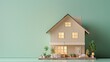 © Vodkaz - Three-dimensional cardboard house set against a mint background available for purchase or rent in the suburban real estate market
