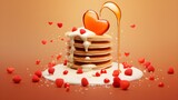 Fototapeta Londyn - Stack of fluffy pancakes with syrup, decorated with hearts and raspberries. Homemade present for Saint Valentine day. Generative AI