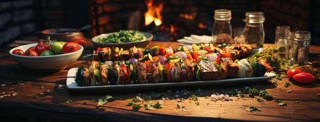 Rustic Outdoor BBQ Dining Table with Skewers and Wine Glasses