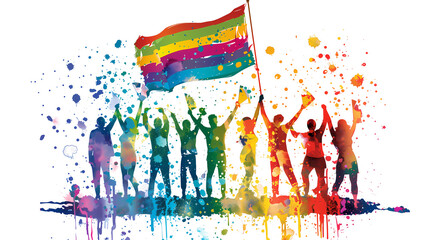 A pride parade, happy crowded raising hands with a big pride flag in watercolor style, vivid rainbow colors on a transparent background. Isolated decorating elements for Pride month background design.