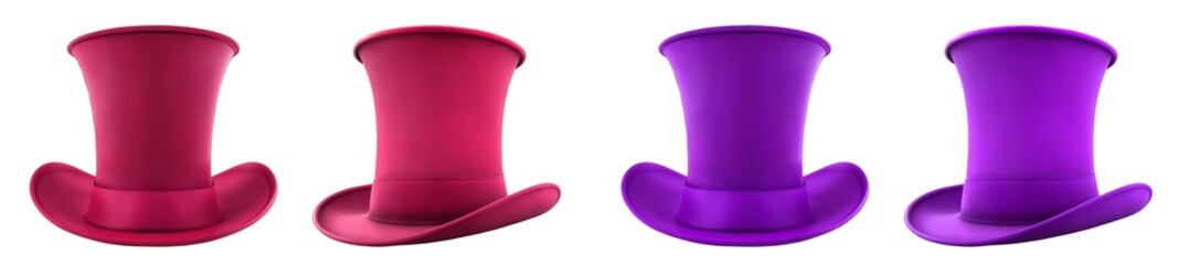 Wall Mural - 2 Set of magenta purple pink classic traditional stovepipe top hat, front and side view on transparent cutout PNG file. Mockup template for artwork design