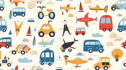 Canvas Print - Various colorful vehicles and transportation modes in a whimsical pattern