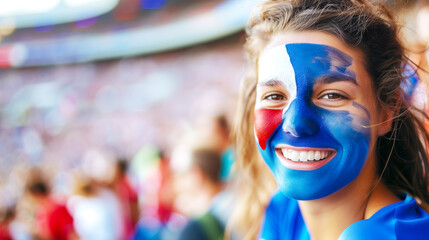 Wall Mural - A joyful French woman with her face painted in the blue white and red colors of the France flag, cheering at a football match, with a blurred stadium background. AI Generative