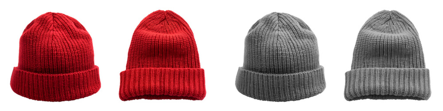 2 Set of red maroon grey gray classic knit knitted woven cuffed wool ribbed beanie hat, front and flat lay view on transparent cutout PNG file. Mockup template for artwork design