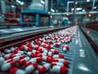 © VRAYVENUS - Red and white pills on a production line in a pharmaceutical factory.
