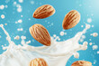 Whole almond nuts with flying in splash isolated on blue background. Nuts in organic vegan liquid.