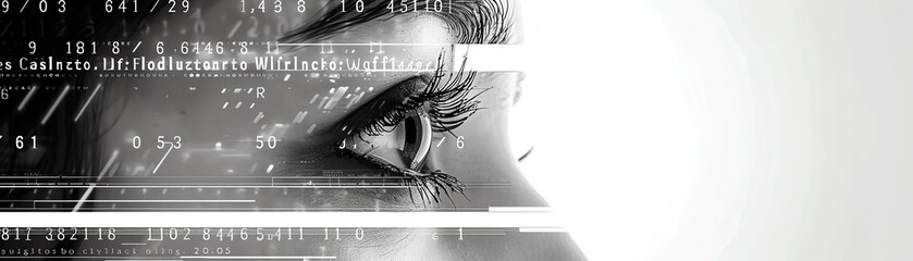 Technological gaze as double exposure with an eye, side view, eye on tech, digital binary as object, black and white AI Generated