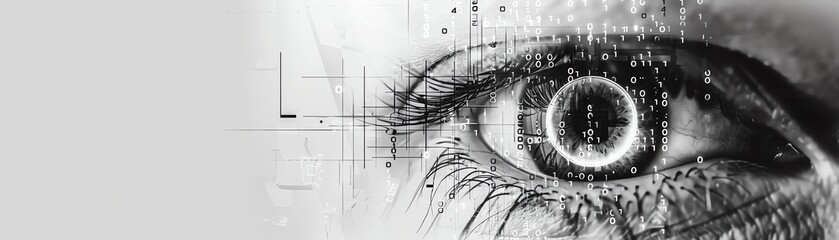 Technological gaze as double exposure with an eye, side view, eye on tech, digital binary as object, black and white AI Generated