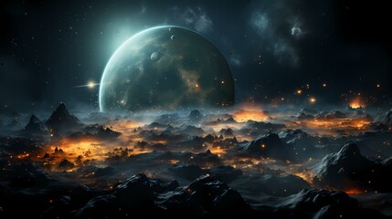 digital blue and orange broken planet poster background