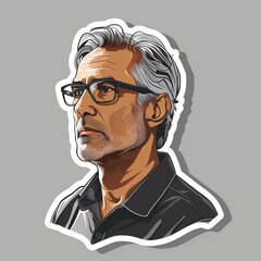 A middle-aged male architect illustration style sticker with white outline on a solid silver background without any shadow or gradient.