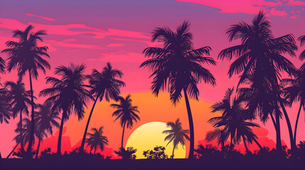 Wall Mural - Silhouette of palm trees at tropical sunrise or sunset, ideal for travel and vacation promotions.