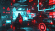 © Art_spiral - hacker in hoodie surrounded by holographic interfaces displaying red warning signs, lock icons, and circuit patterns in a high-tech security cyber attack concept