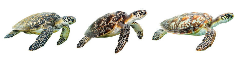 Three sea turtles isolated on transparent background