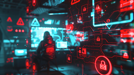 hacker in hoodie surrounded by holographic interfaces displaying red warning signs, lock icons, and 