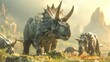 Triceratops in a prehistoric landscape with warm, golden light. Dinosaur's textured skin and horns prominently displayed. Other Triceratops grazing in background. ancient setting with rocky terrain.