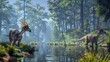 Parasaurolophus dinosaurs in lush forest clearing by calm water. Scene depicts peaceful coexistence of dinosaurs in natural environment, vibrant greenery, prehistoric flora, tranquility and harmony.