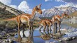 Three Parasaurolophus dinosaurs standing in shallow water near lush mountainous terrain. Scene highlights vibrant colors and patterns of dinosaurs, serene environment, evoking sense of ancient world.
