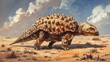 Ankylosaurus dinosaur walking on sandy terrain with cloudy sky background. detailed armor-like skin and spikes of dinosaur, emphasizing prehistoric essence and natural beauty in ancient setting.