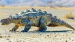 Ankylosaurus dinosaur walking on desert terrain with distant mountains. Scene highlights armor-like skin and spikes, capturing the essence of prehistoric survival and adaptation in harsh environments.