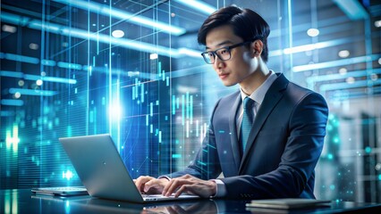 A young handsome Asian guy in a suit and glasses is working on a laptop in an office with digital codes on a virtual screen. Digital technologies of the future. Software development.