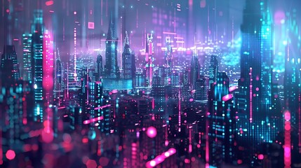 Wall Mural - a neon-lit skyline with towering skyscrapers, overlaid with digital financial graphs